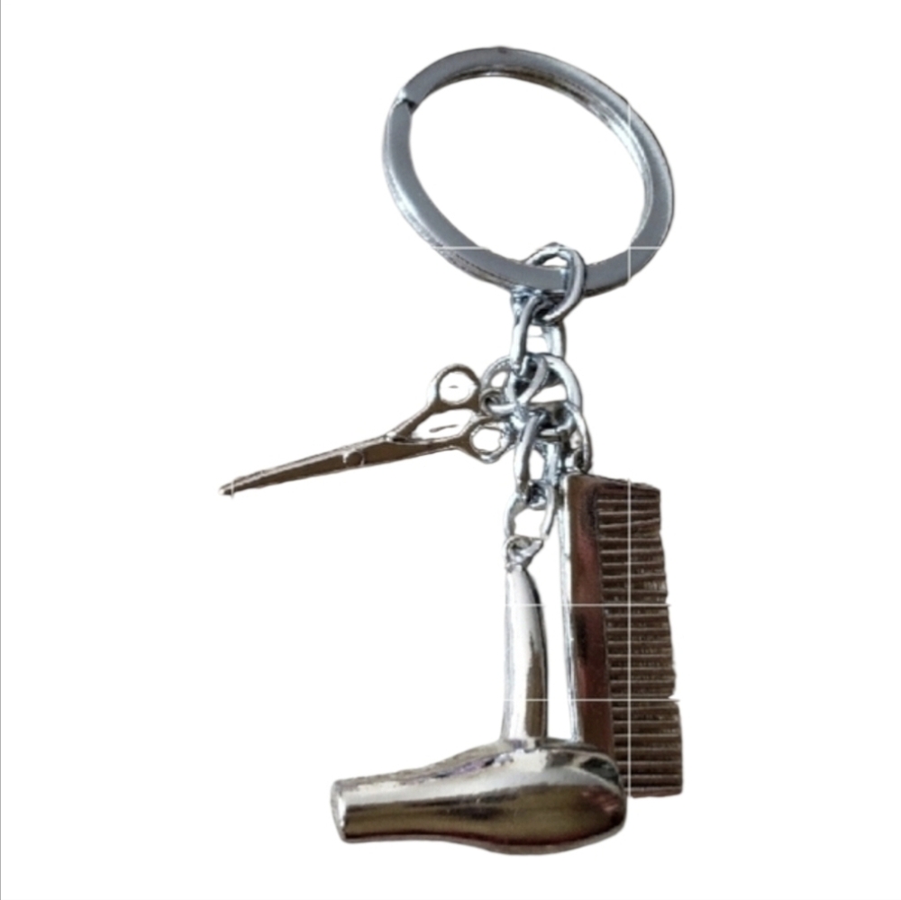 Silvertone Beautician Hair Dryer Comb & Scissors Purse/Keychain Charm NEW